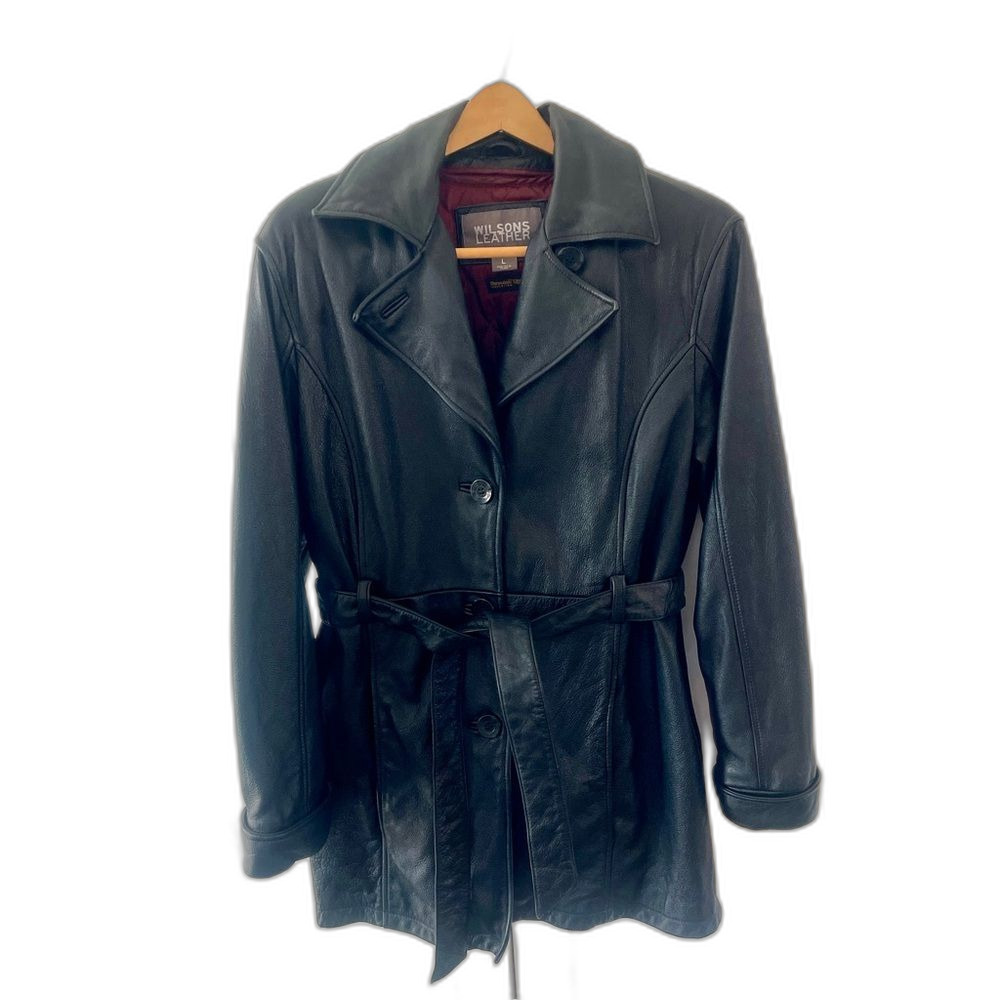 Vintage 1988 Wilson Black Leather Belted Jacket Size L, Buttons & zip out liner